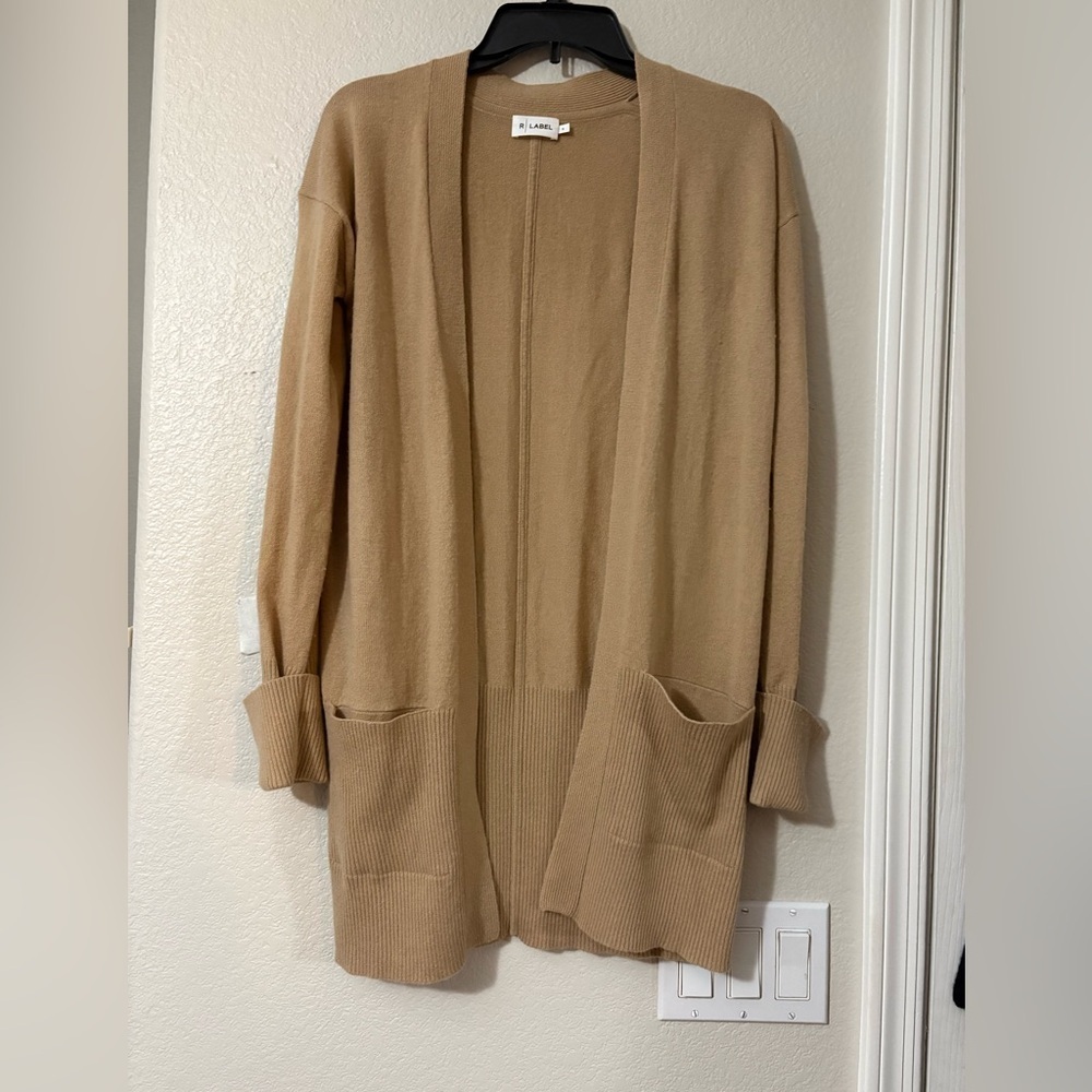 R Label Wool Cashmere Blend Long Line Open Front Cardigan with Pockets.